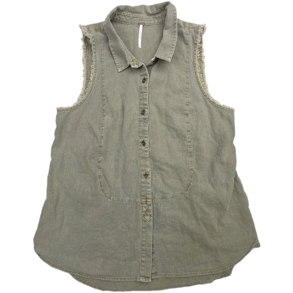 FREE PEOPLE Sleeveless Fringe Olive Green Linen Blend Vest Button Top Size S